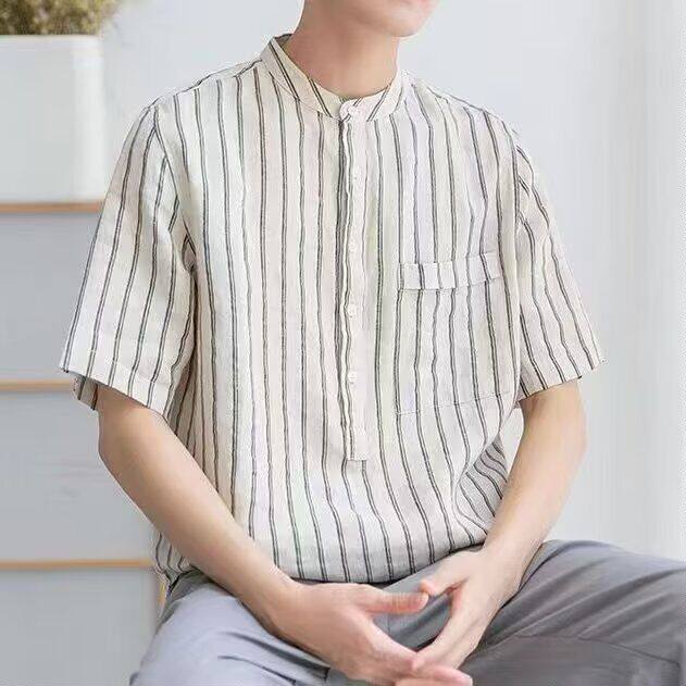 日系条纹衬衫男短袖宽松薄款立领套头半袖衬衫衣服T恤棉麻宽松夏