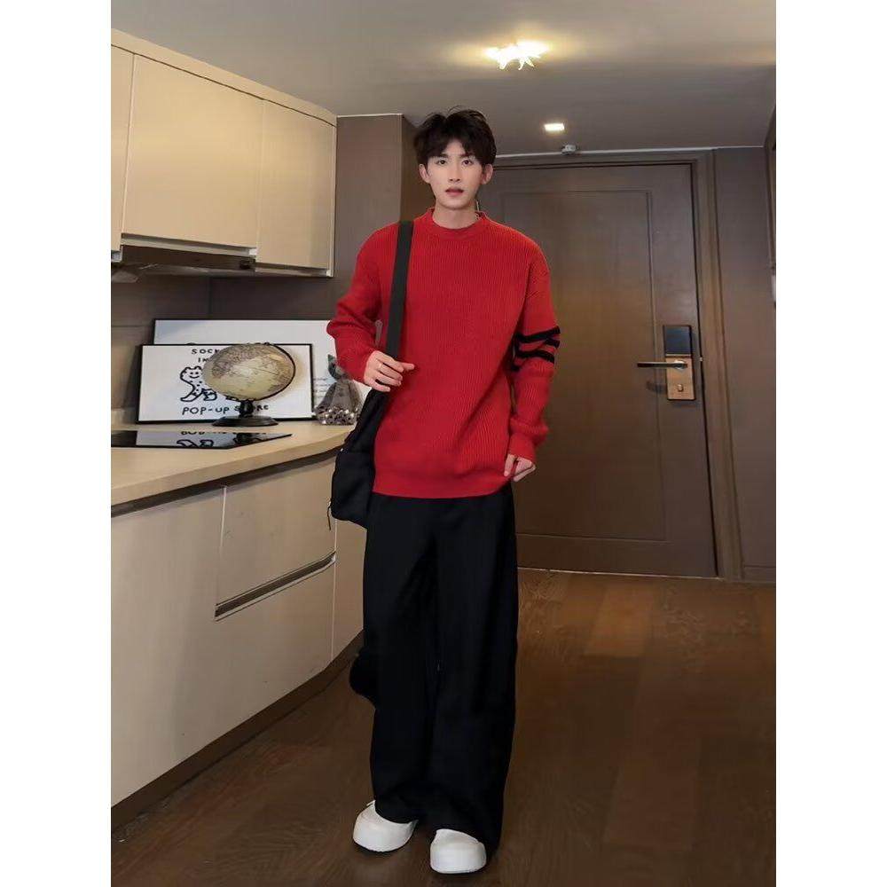 男针织衣2026马本命年红色长袖体恤秋冬毛衣外搭圆领打底衫潮外套