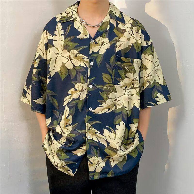 日系ins港风夏季短袖花衬衫男女复古痞帅夏威夷沙滩情侣宽松衬衣