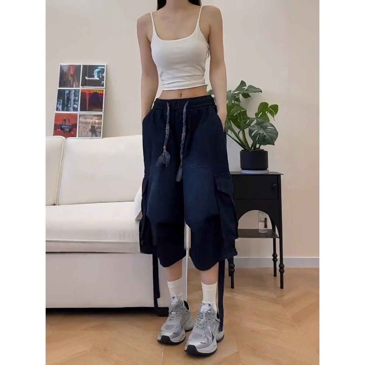 夏季日系大口袋工装过膝短裤男女同款美式街头宽松绑带休闲阔腿裤