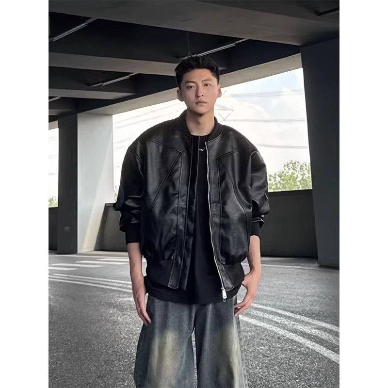 黑色美式解构pu皮衣外套男款秋冬cleanfit棒球服短款夹棉机车夹克