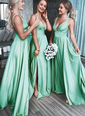 2024名媛缎面气质连衣裙深V领长袖开叉晚礼服定制 Evening Dress