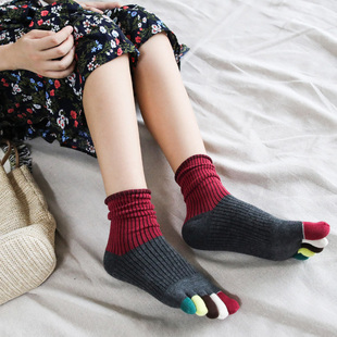 包邮 秋冬高帮堆堆五指袜子女厚中长筒纯棉松口潮彩色分脚趾 5双装