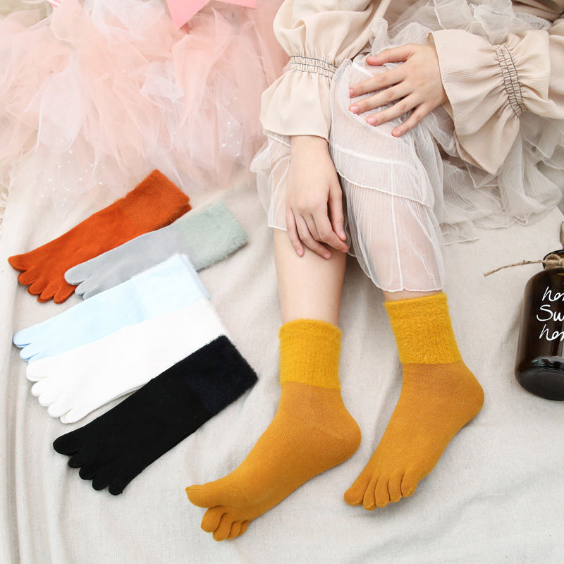5双装加厚女士冬季保暖五指袜纯色全棉袜子中筒吸汗透气柔软松口