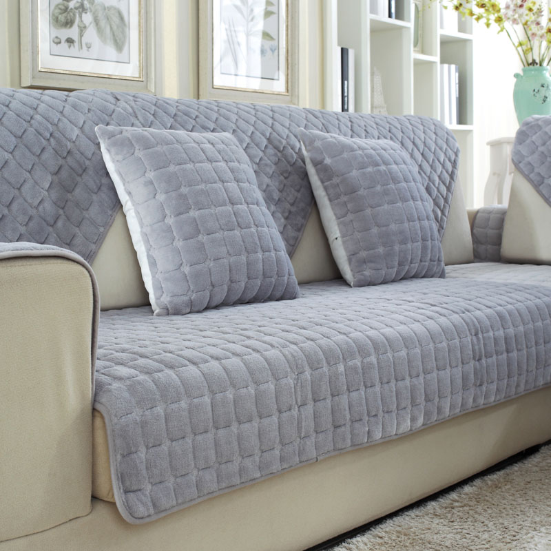 灰色格子简约现代毛绒沙发垫防滑冬季沙发套法兰绒沙发巾定做贵妃