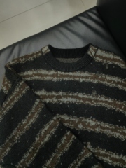 2025秋冬新款圆领拼色条纹宽松慵懒风针织衫毛衣百搭上衣