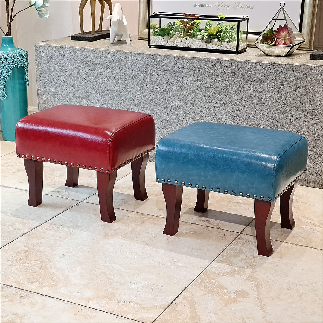 浪朵美式实木茶几凳门口换鞋凳真皮复古小凳子家用客厅皮凳软包凳