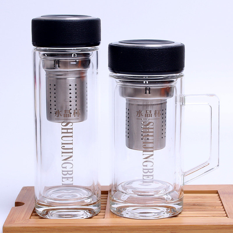 高档天然水晶杯双层隔热带盖把手柄过滤茶杯办公杯子泡茶水杯保温