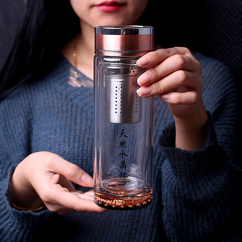 天然水晶杯双层隔热防摔耐热便携水杯子男女款带盖过滤泡茶杯刻字