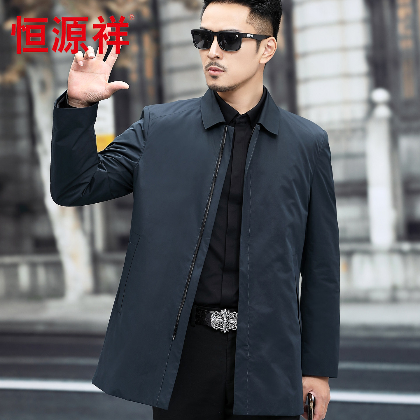 恒源祥男装2026春季新款行政风衣中长款商务休闲翻领外套中年夹克