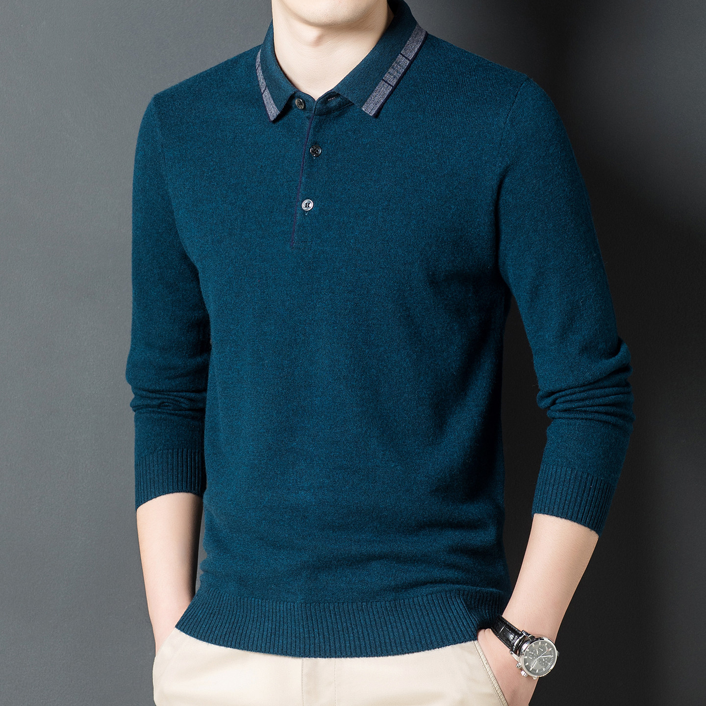 恒源祥羊毛T恤衫男士商务休闲polo领长袖衫2025秋冬新款毛衣中年
