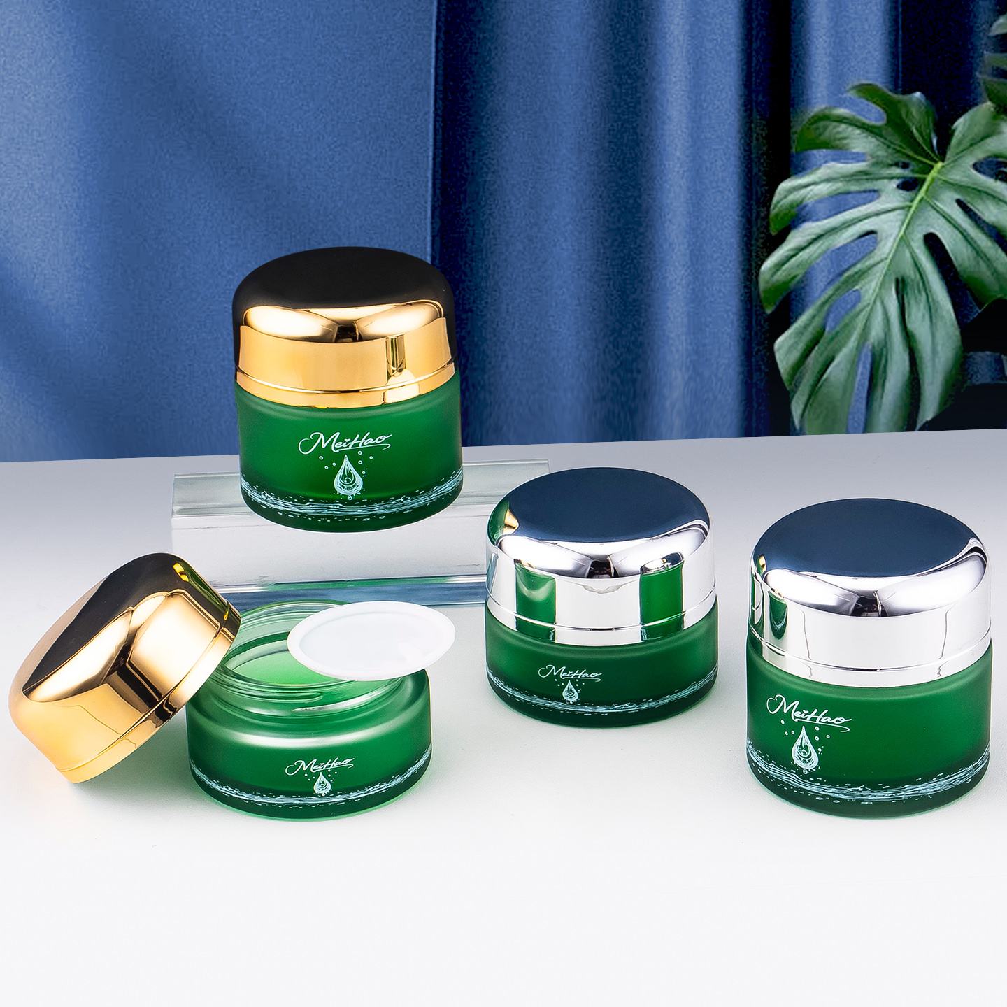 新款绿色玻璃泵头瓶40ml膏霜瓶