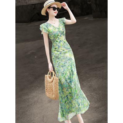 法式荷叶袖V领短袖碎花连衣裙