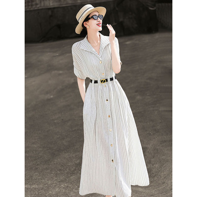 高级感收腰系带条纹衬衫连衣裙