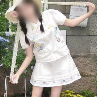 甜美小清新碎花时尚 高腰a字半身裙夏日度假两件套女 短袖 减龄衬衫