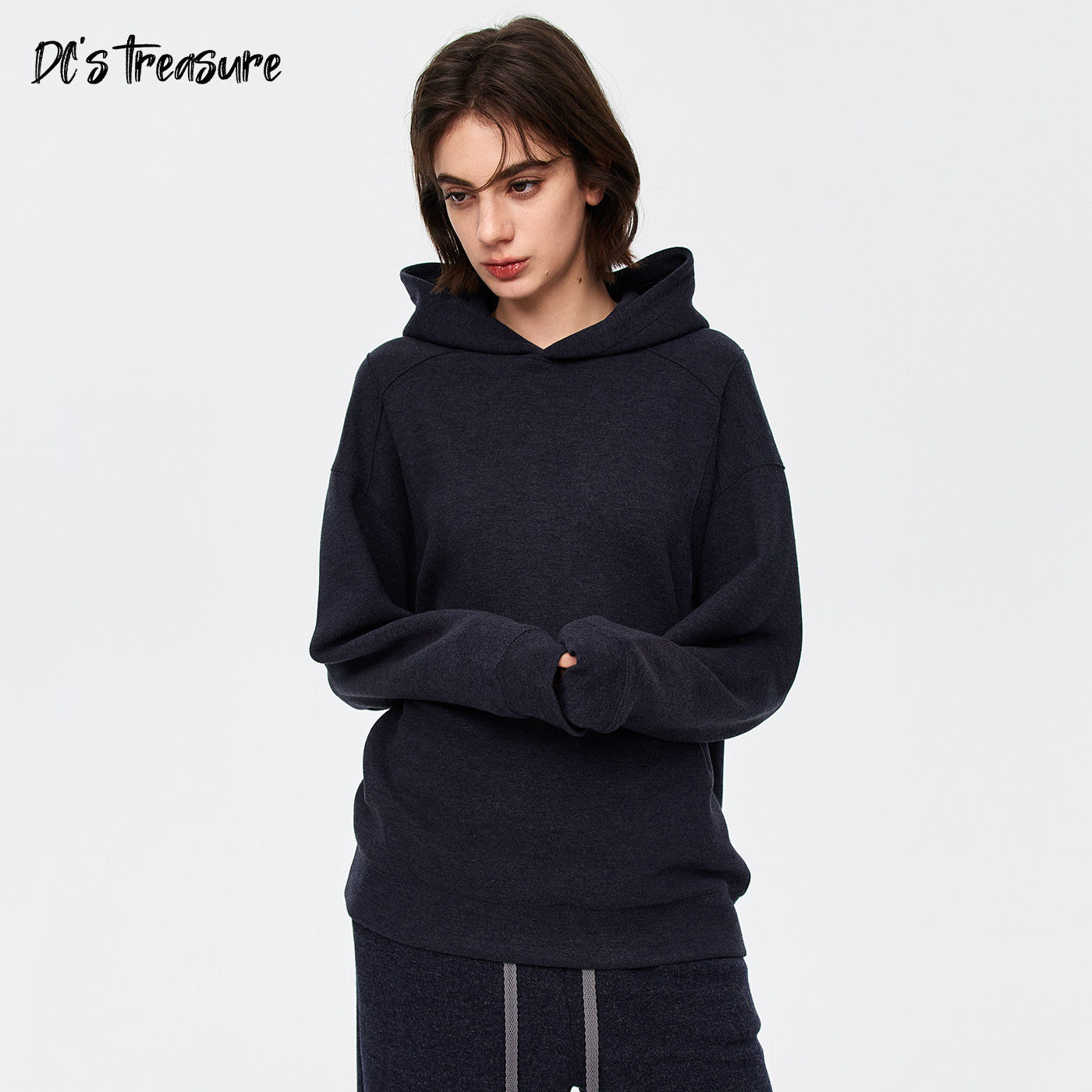 多财美式连帽卫衣男女同款藏青色宽松时尚百搭情侣款卫衣