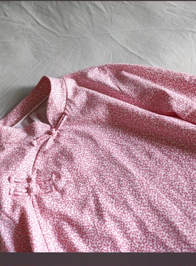 青辰原创自制夏秋立领柔软亚麻粉色小碎花旗袍上衣女长袖茶服衬衫