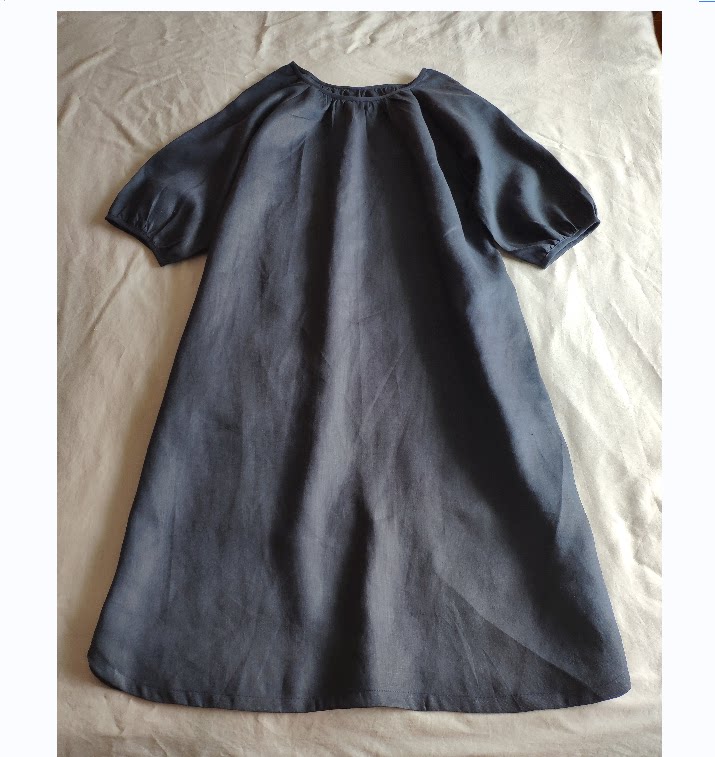 青辰原创春夏秋新款宽松大码圆领纯亚麻连衣裙女中袖娃娃裙灯笼袖