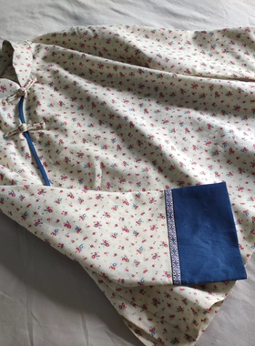 青辰原创自制春秋立领高密结实亚麻小碎花汉服长袖全开襟旗袍上衣