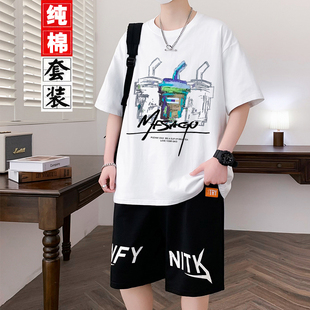 纯棉青少年短袖运动套装夏季新款t恤青少年男装帅气学生潮流套装