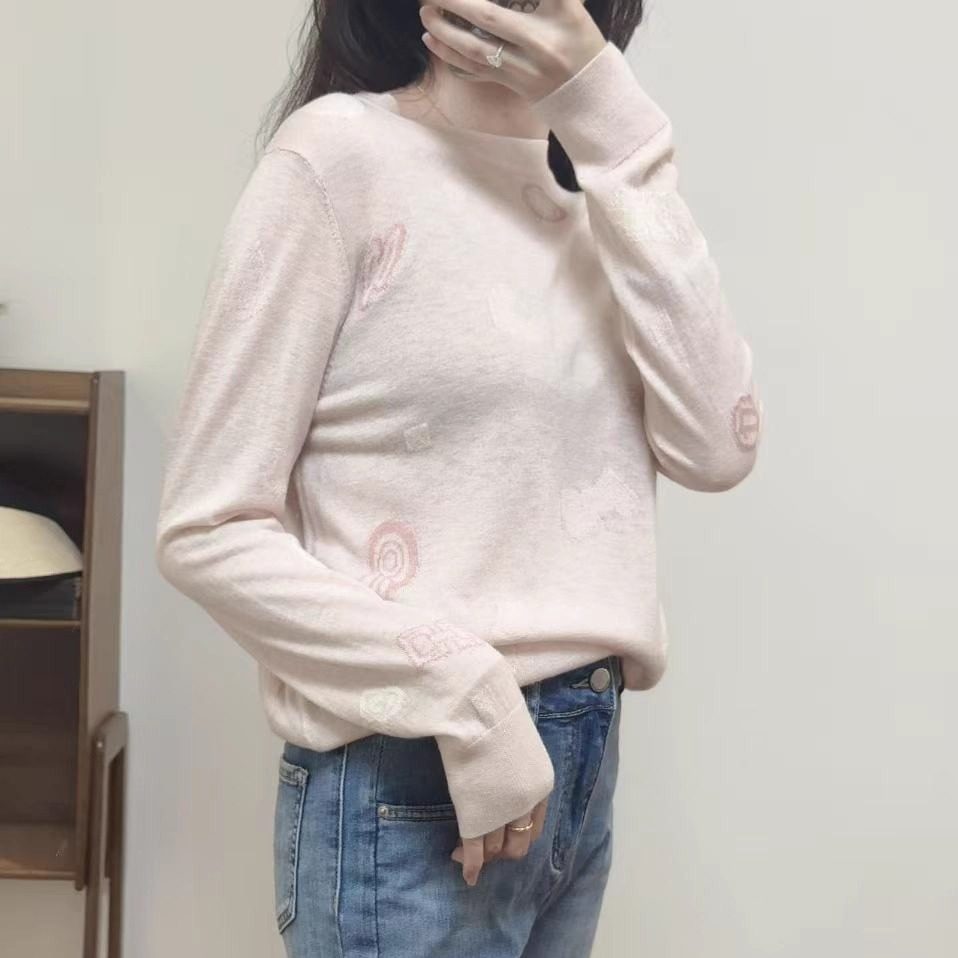 100%羊绒H高定提花圆领针织衫女