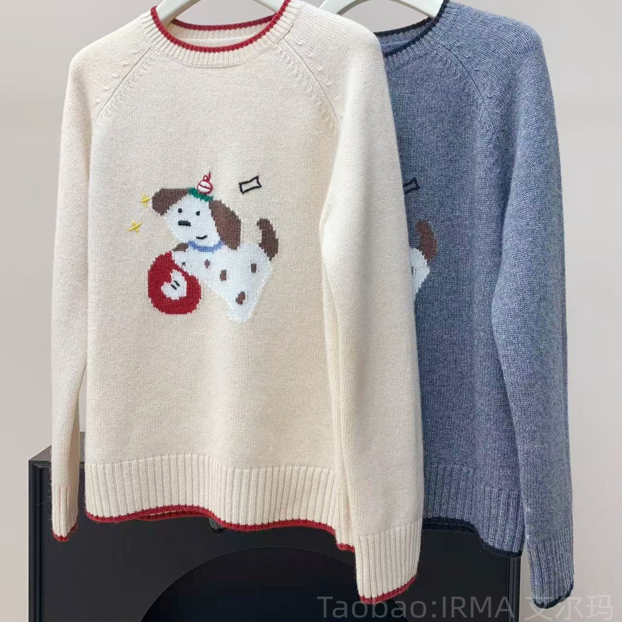 山羊绒慵懒撞色可爱风小狗针织衫