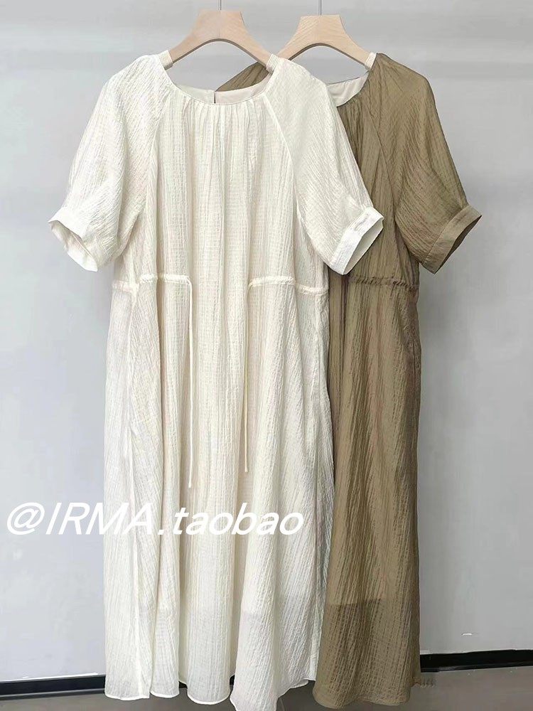 收腰系带中长款短袖连衣裙女夏