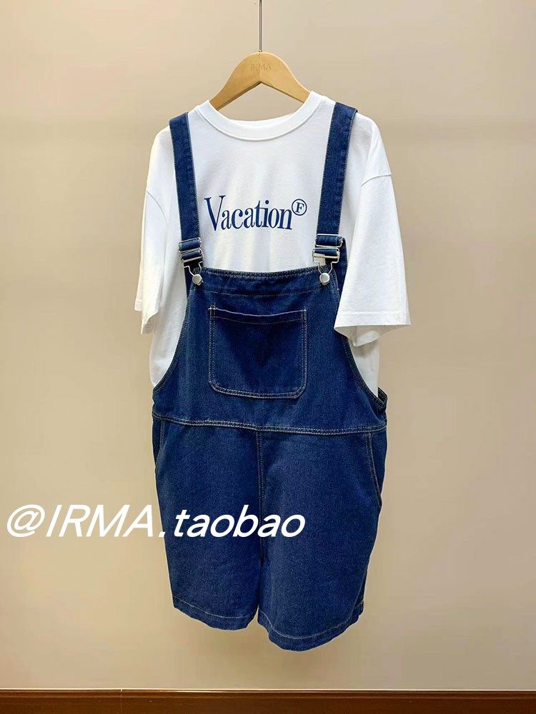 高腰直筒宽松五分裤牛仔吊带裤