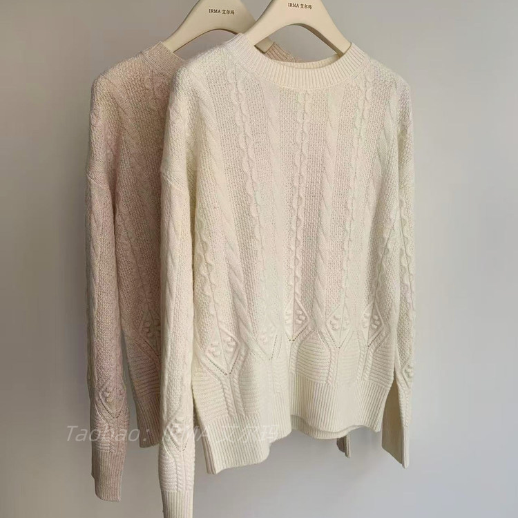 纯羊绒复古绞花圆领长袖针织衫女
