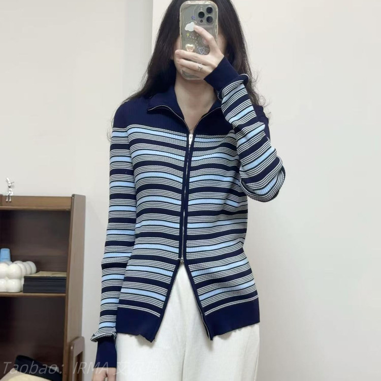 撞色条纹双头拉链翻领针织开衫