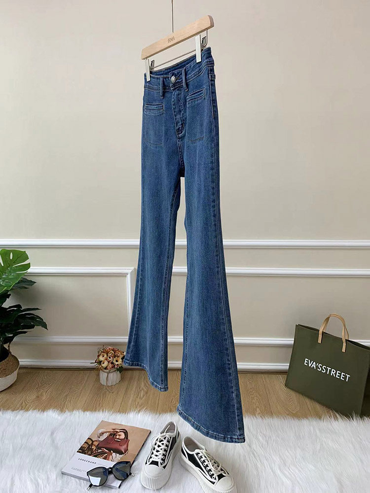 微喇叭牛仔裤女22夏前贴袋高腰