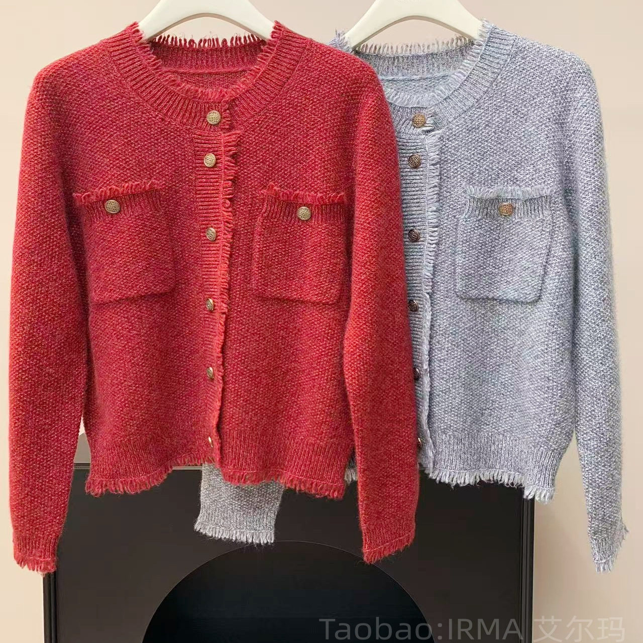 花纱流苏边小香风山羊绒开衫女