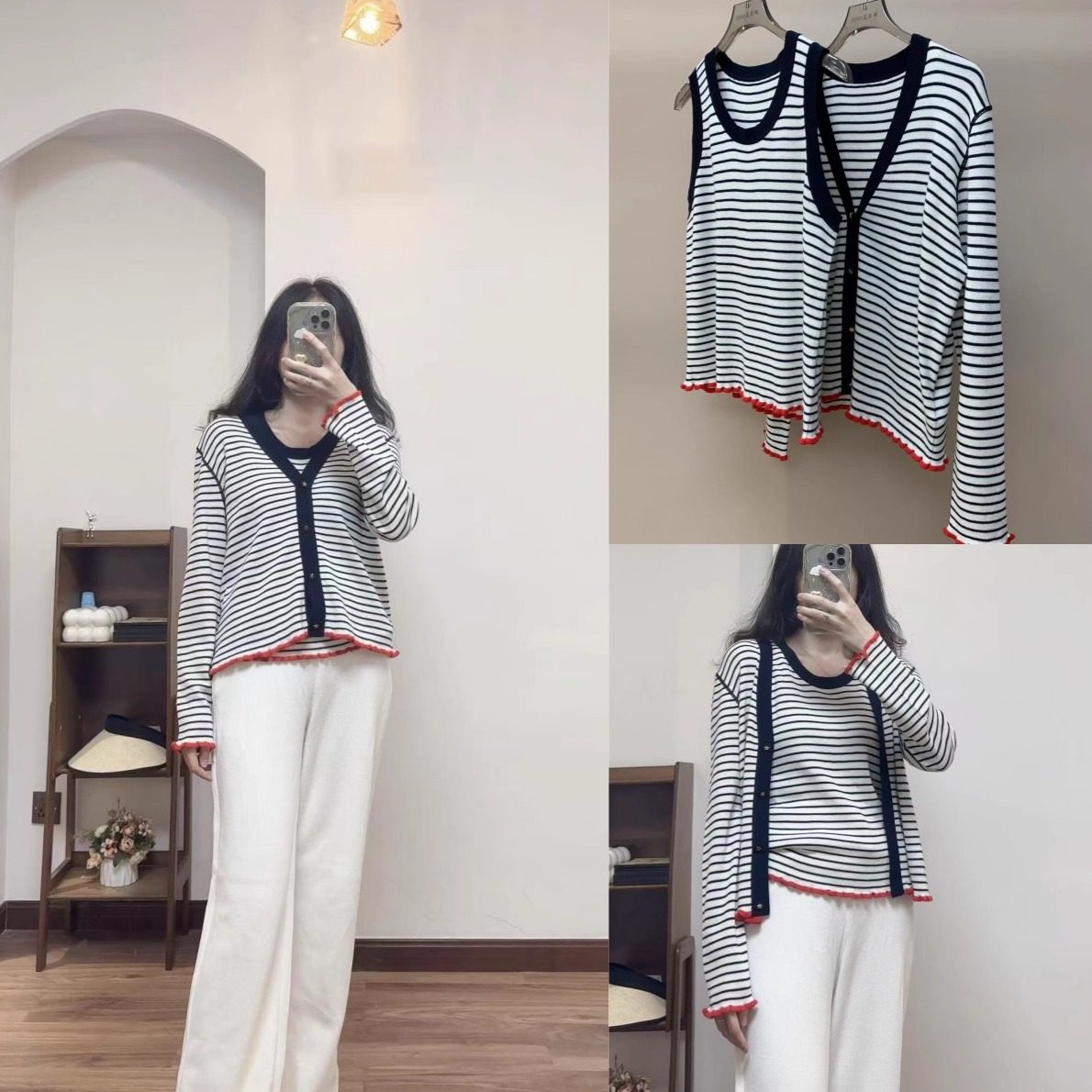 显瘦条纹圆领背心+V领花边外套