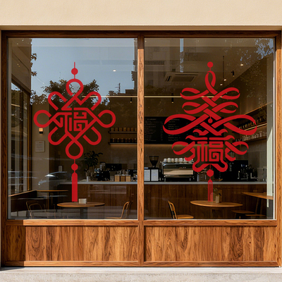 2026元旦新年快乐玻璃门贴马年店铺橱窗装饰贴纸中国结窗花静电贴