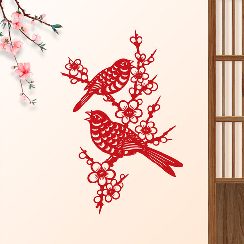 喜鹊窗花静电贴纸结婚装饰喜庆花鸟剪纸玻璃门贴画双面红擦水贴