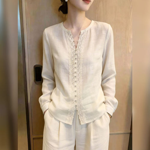 设计感蕾丝拼接V领衬衫女
