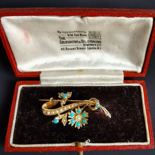 【英国发货】Antique 15k金珍珠绿松花朵古董胸针