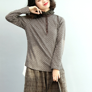 清濯棉花边立领波点针织棉衬衫 弹力灰