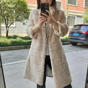 新款 整皮獭皮草外套长款外贸冬季修身时尚立领横排兔毛大衣女