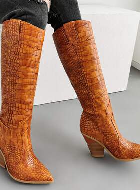 外贸欧美走秀款坡跟尖头蛇皮纹中筒靴大码33-46彩色高筒靴白色靴