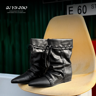 【七与多】牛皮/3cm游牧风可折叠两穿短靴女内增高尖头西部堆堆靴