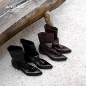 QIYUDUO 高定水洗牛皮尖头中筒靴女士粗跟真皮做旧后拉链倒靴短靴