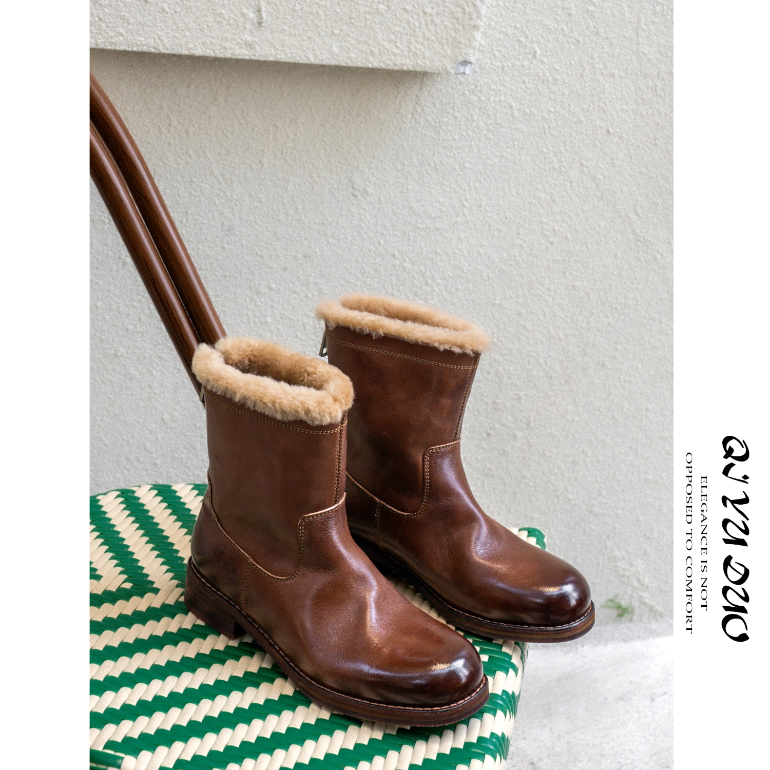 QIYUDUO 复古真皮中筒雪地靴女粗跟后拉链毛毛靴秋冬加绒加厚棉靴,女鞋,时尚雪地靴,淘宝优惠券,粉丝福利购,淘宝优惠卷