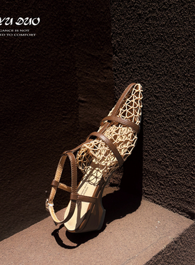 【七与多】5cm/编织美学 复古时尚镂空网网鞋尖头粗跟细带凉鞋女