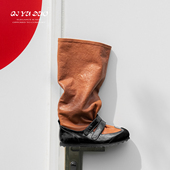 QIYUDUO 原创设计运动长筒靴女宽筒魔术贴平底褶皱堆堆靴显瘦长靴