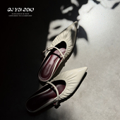 七与多 羊皮 3cm 尖头褶皱穆勒拖女真皮包头半托外穿夏季 凉拖