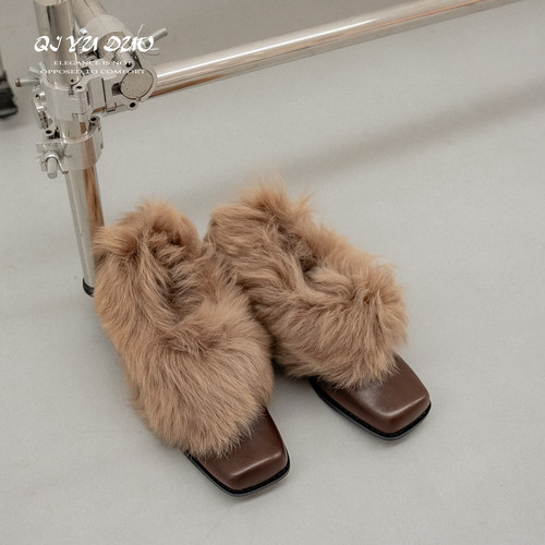 毛毛鞋女外穿方头粗高跟乐福单鞋