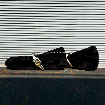 【七与多】4cm/芭蕾风一字带内增高毛毛鞋女外穿羊羔毛玛丽珍单鞋