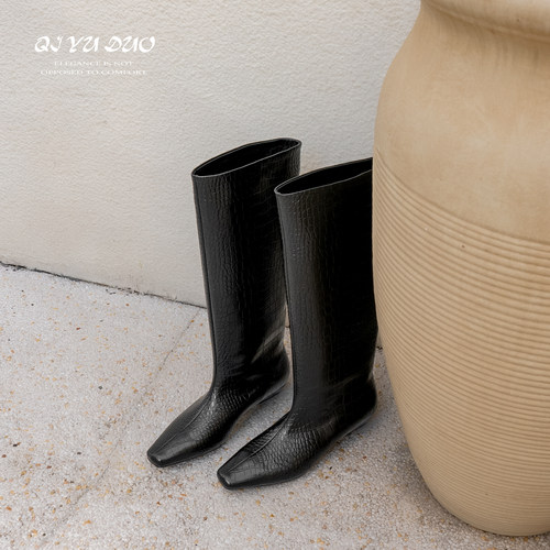 鳄鱼纹长靴不过膝显瘦加绒骑士靴