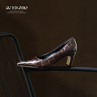 7cm高级感石头纹小方头粗跟单鞋 牛皮 女气质通勤高跟鞋 七与多